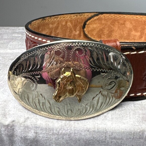 Size 28 Tony Lama Western Tooled Leather Belt w/ Silver & Gold Horse Buckle - Picture 2 of 12